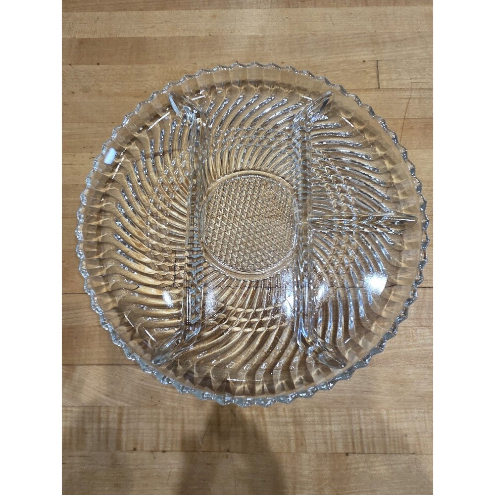 Vintage Dominion Glass Clear Swirl 4 Section Divided Relish Tray 10 Inch